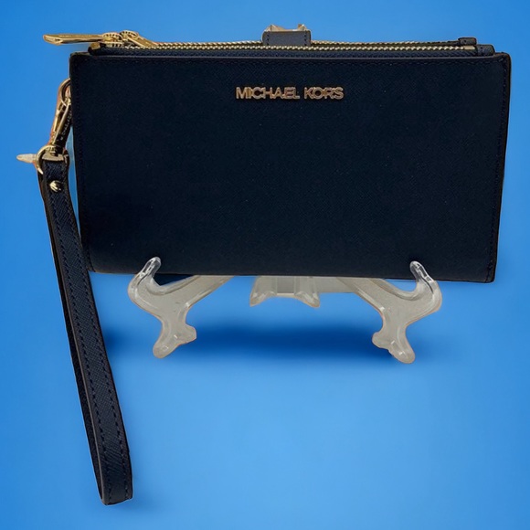 Michael Kors Jet Set Travel LG Double Zip Saffiano Leather Wristlet in Navy - Picture 2 of 11